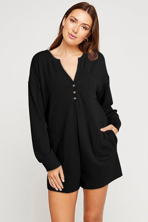 Brushed Ribbed Button Split V Neck Long Sleeve Romper